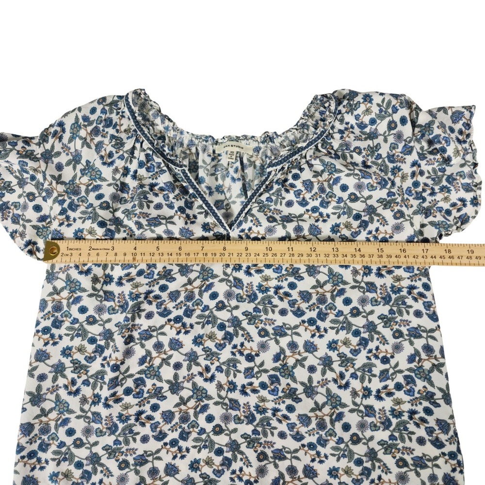 MAX STUDIO‎ Womens XS Floral Print V Neck Flutter Sleeve Blouse Top White Blue - Picture 5 of 8